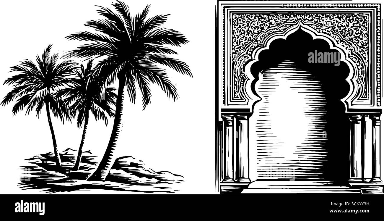 Porta boema ad arco e palme per un design decorativo. Illustrazione Vettoriale