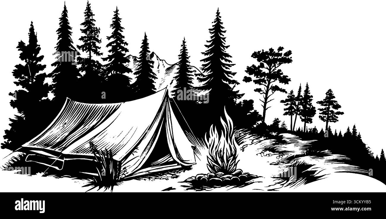 Tranquillo scenario di campeggio con tenda e falò sotto un'illustrazione stellata del cielo della foresta. Illustrazione Vettoriale