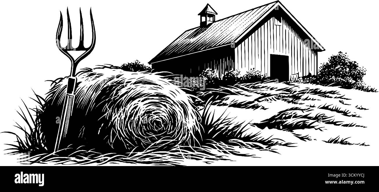 Ambiente rurale rustico con balla di fieno e forcone - ideale per il raccolto e l'arredamento country. Illustrazione Vettoriale