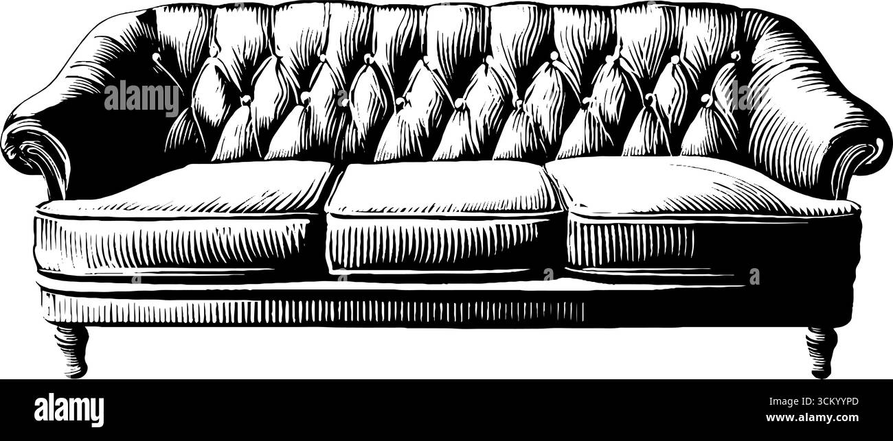 Divano panne in velluto vintage con dettagli a bottoni per interni eleganti. Illustrazione Vettoriale
