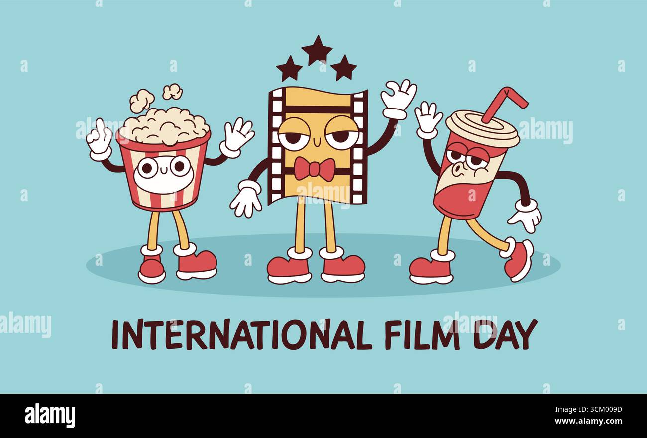 Poster dei personaggi del cinema. Pop corn divertenti, bibite analcoliche e videocassetta con volti, mani e piedi, mascotte retrò, striscioni in stile vintage, cinema Illustrazione Vettoriale