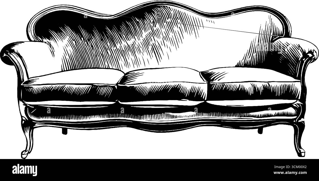 Elegante divano in velluto ricurvo con cuciture chevron per l'arredamento degli interni. Illustrazione Vettoriale