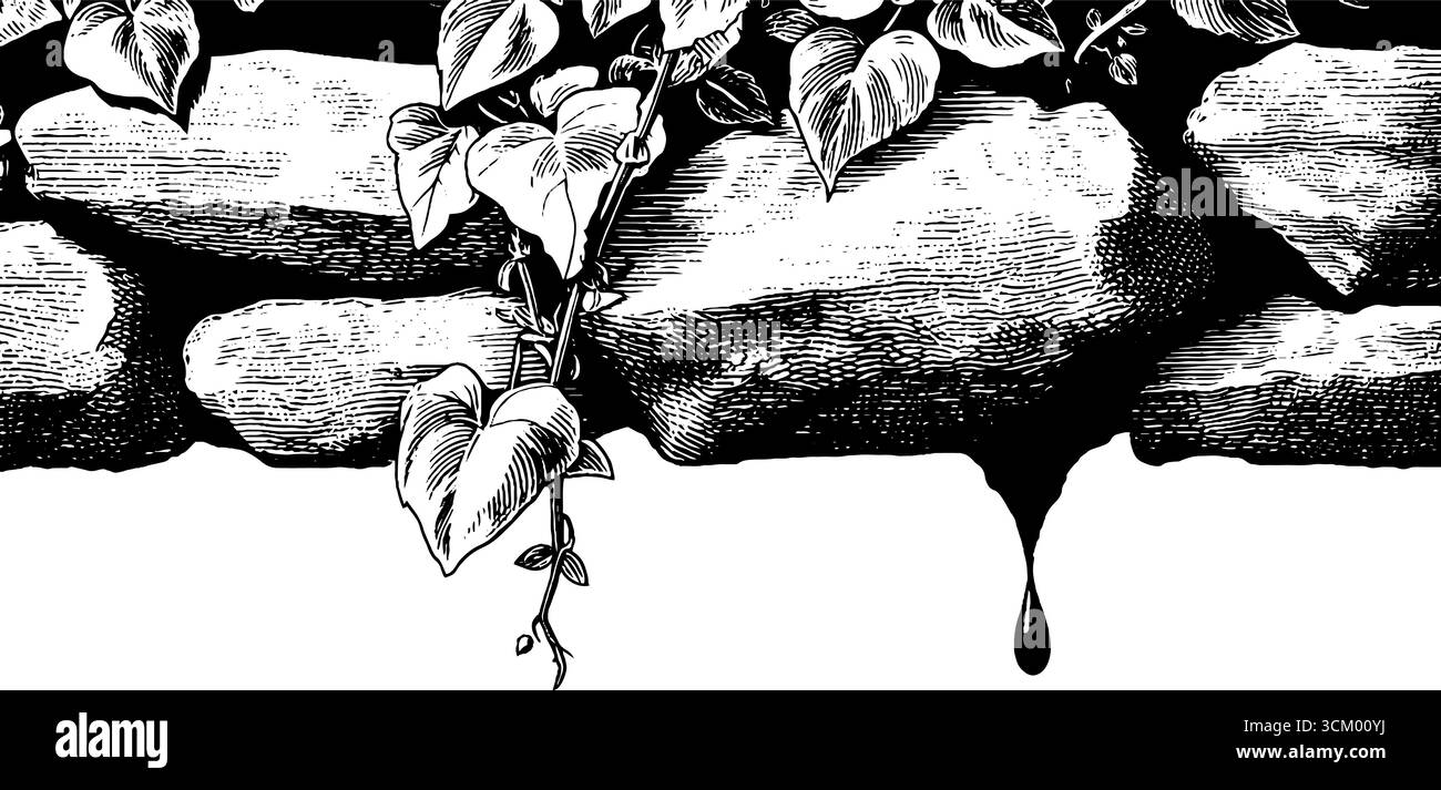 Parete in pietra ricoperta di muschio con motivo edera per un design rustico. Illustrazione Vettoriale