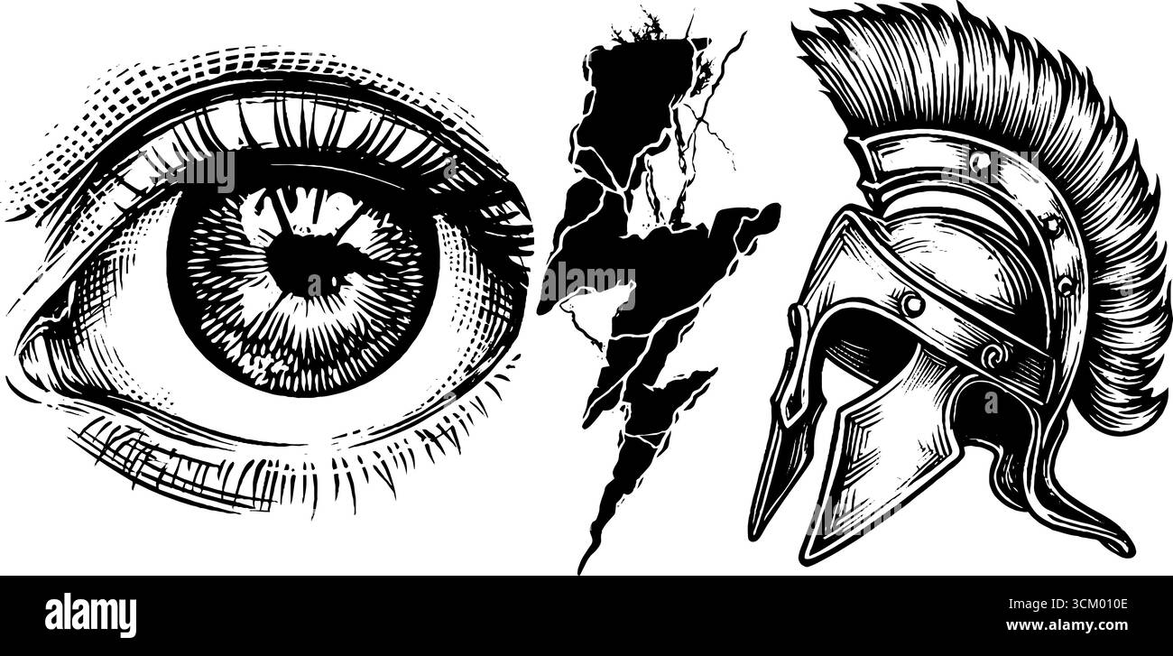 Occhio Ciclope con fulmine stilizzato e elmetto greco antico per l'arte mitologica. Illustrazione Vettoriale