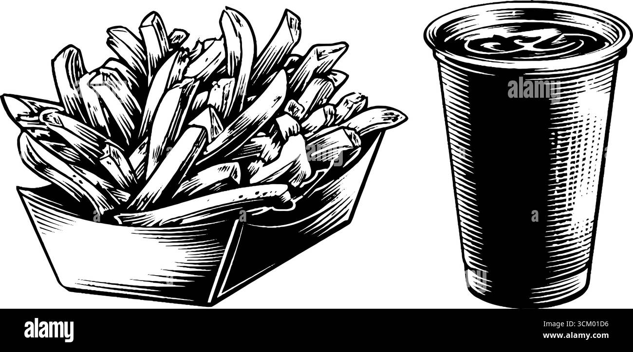 Vassoio fast food vintage con patatine fritte e bevande per progetti di design retrò. Illustrazione Vettoriale