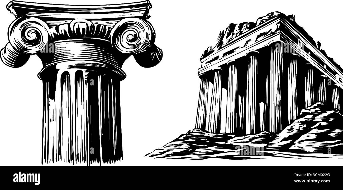 Colonne romane d'epoca e dettagli della capitale con architettura in rovina per un design storico. Illustrazione Vettoriale