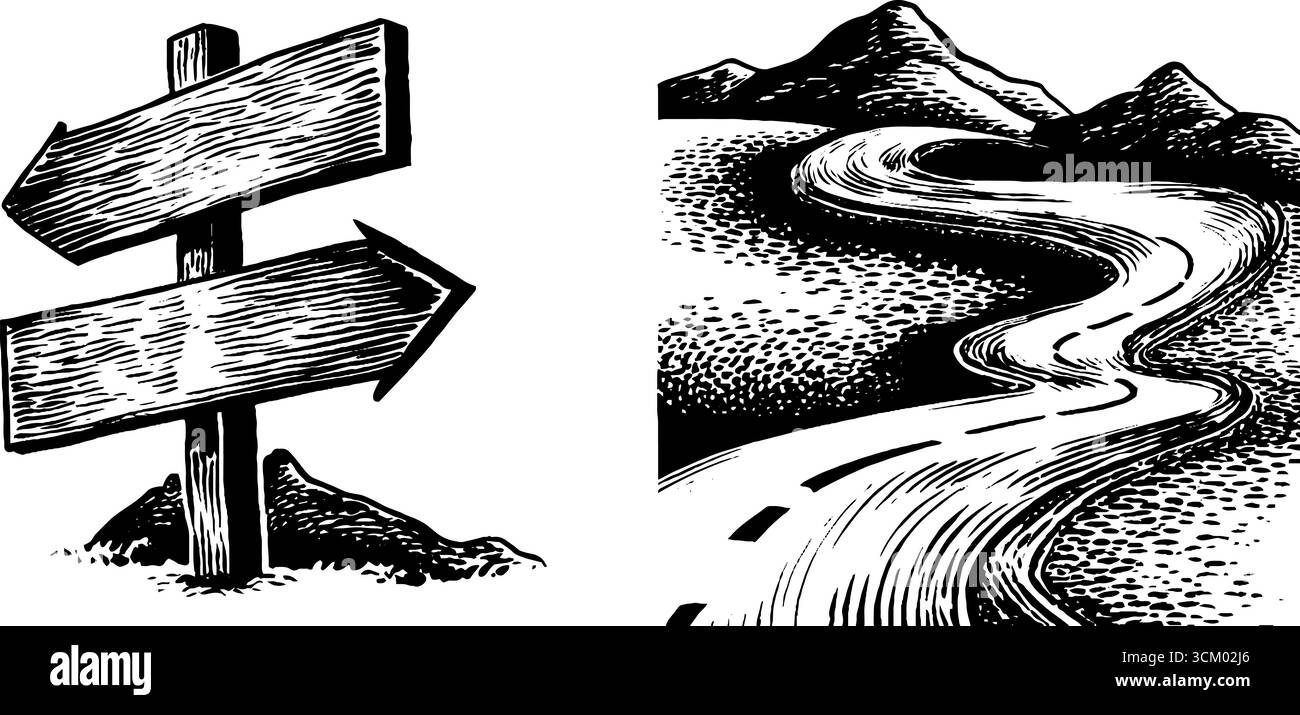 Linee della mappa stradale vintage e frecce direzionali per un design retrò. Illustrazione Vettoriale