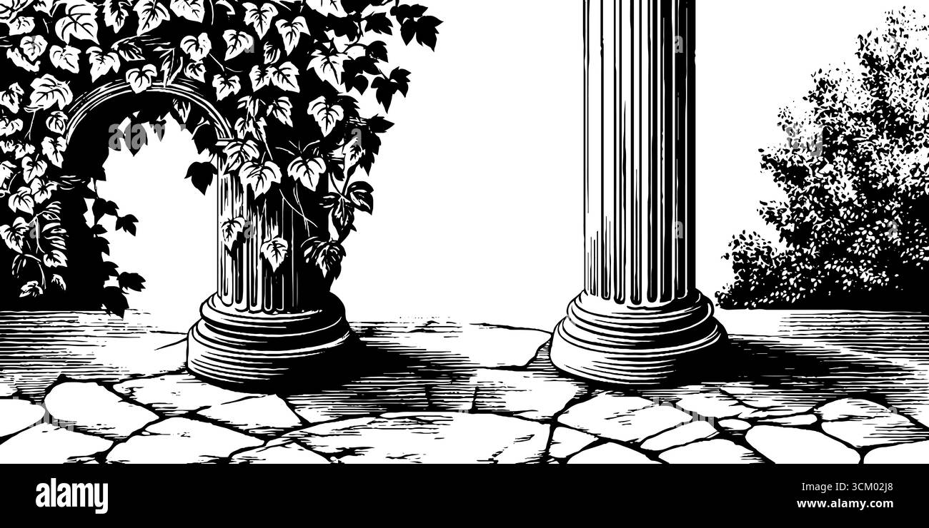 Colonna con gazebo in pietra d'epoca con illustrazione di ivy arrampicata per un design retrò. Illustrazione Vettoriale