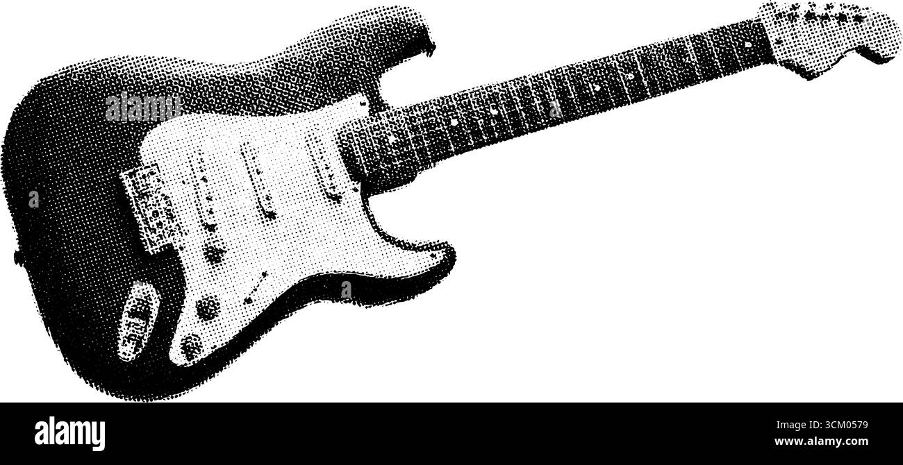 Chitarra elettrica vintage con puntini mezzitoni per poster di musica retrò. Illustrazione Vettoriale