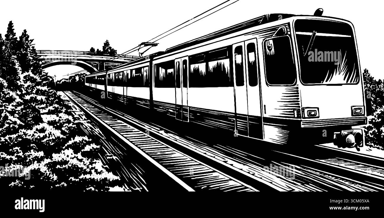 Tram d'epoca e cavi sopraelevati per un design retrò. Illustrazione Vettoriale