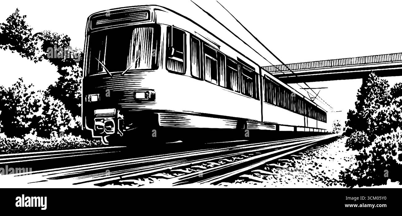 Tram d'epoca sul binario ferroviario con illustrazione a filo sospeso per un design retrò. Illustrazione Vettoriale