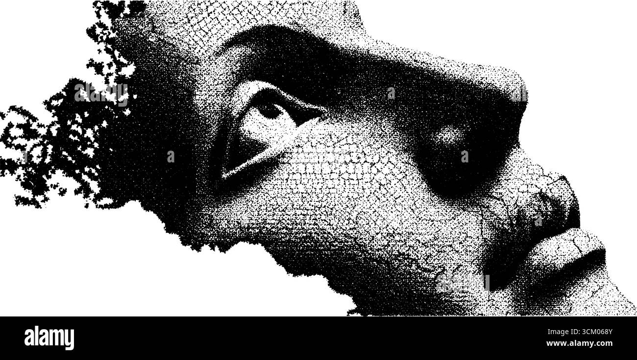 Fusione di natura e arte: Mezza testa di statua con struttura della corteccia degli alberi e crepe. Illustrazione Vettoriale