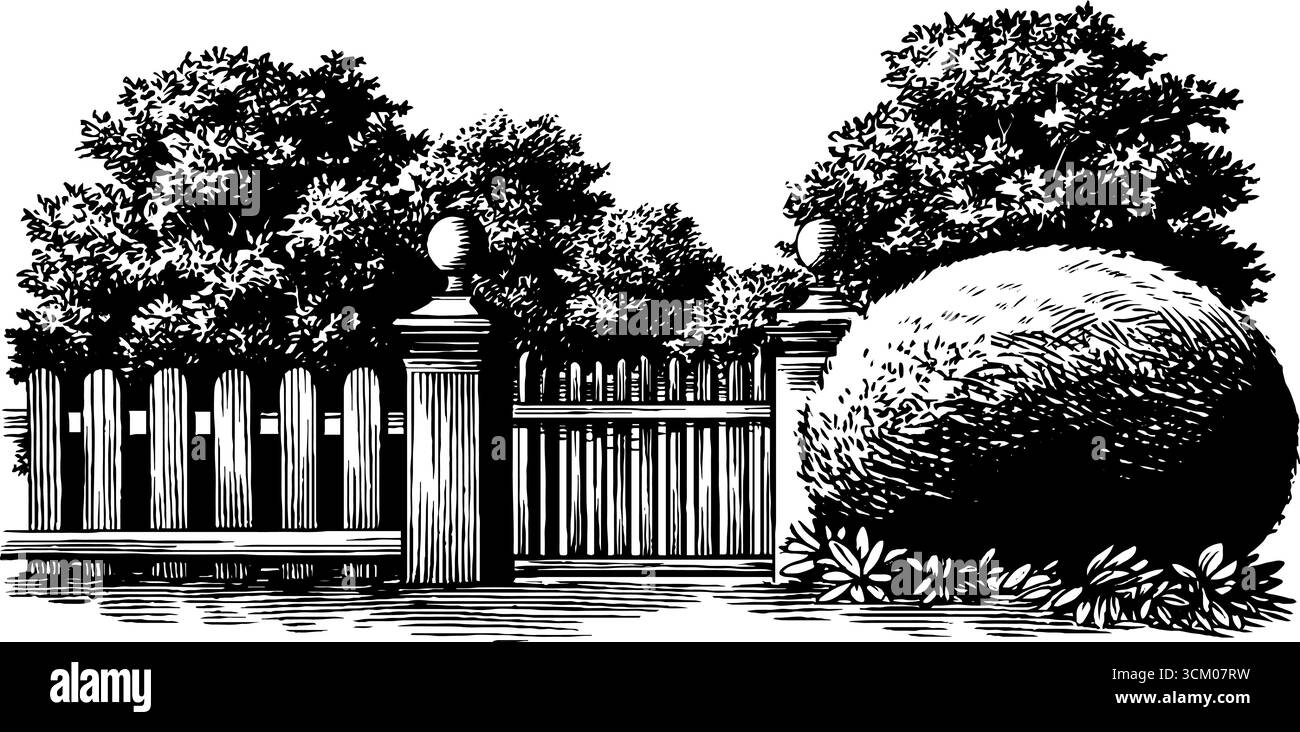 Cancello da giardino in ferro battuto d'epoca con cespugli di bosso rifiniti per un paesaggio retrò. Illustrazione Vettoriale