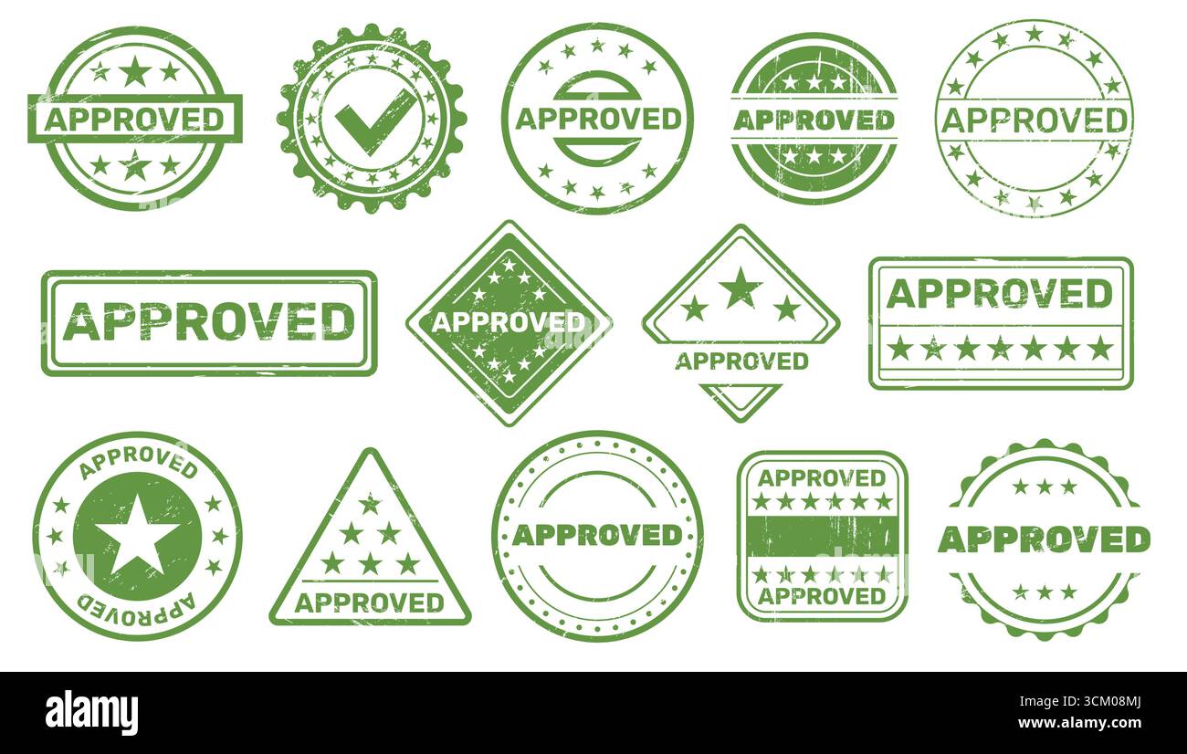 Timbro approvato verde. Texture grunge, stampe di forme diverse, rotonde, triangolari, sigillo quadrato con iscrizioni, emblema grafico certificato, stile piatto Illustrazione Vettoriale