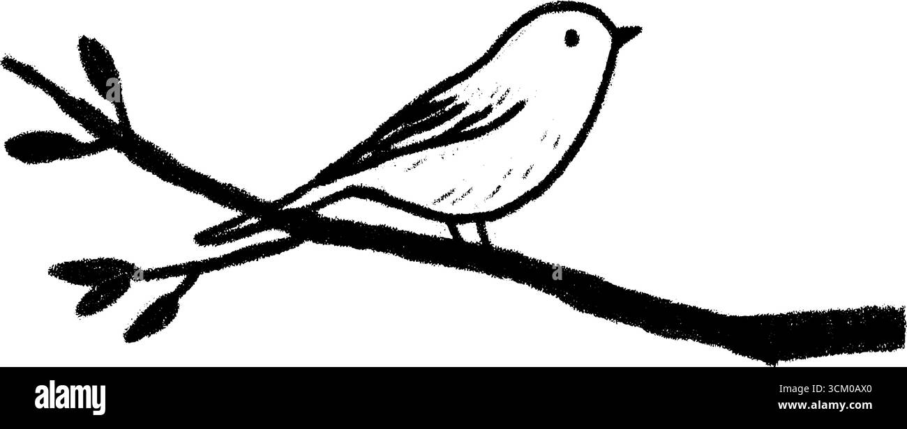 Schizzo nero e audace di un uccello appollaiato su un ramo per il design e la stampa. Illustrazione Vettoriale