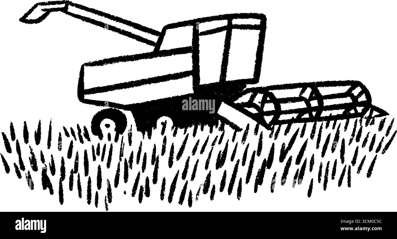 Schizzo disegnato a mano della mietitrebbiatrice sul campo - settore agricolo e agricolo. Illustrazione Vettoriale