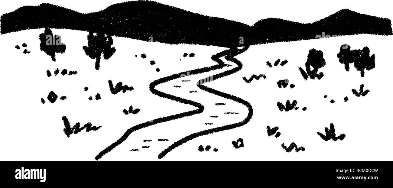 Schizzo di una pista sterrata che si snoda tra campi verdi con alberi e colline. Illustrazione Vettoriale