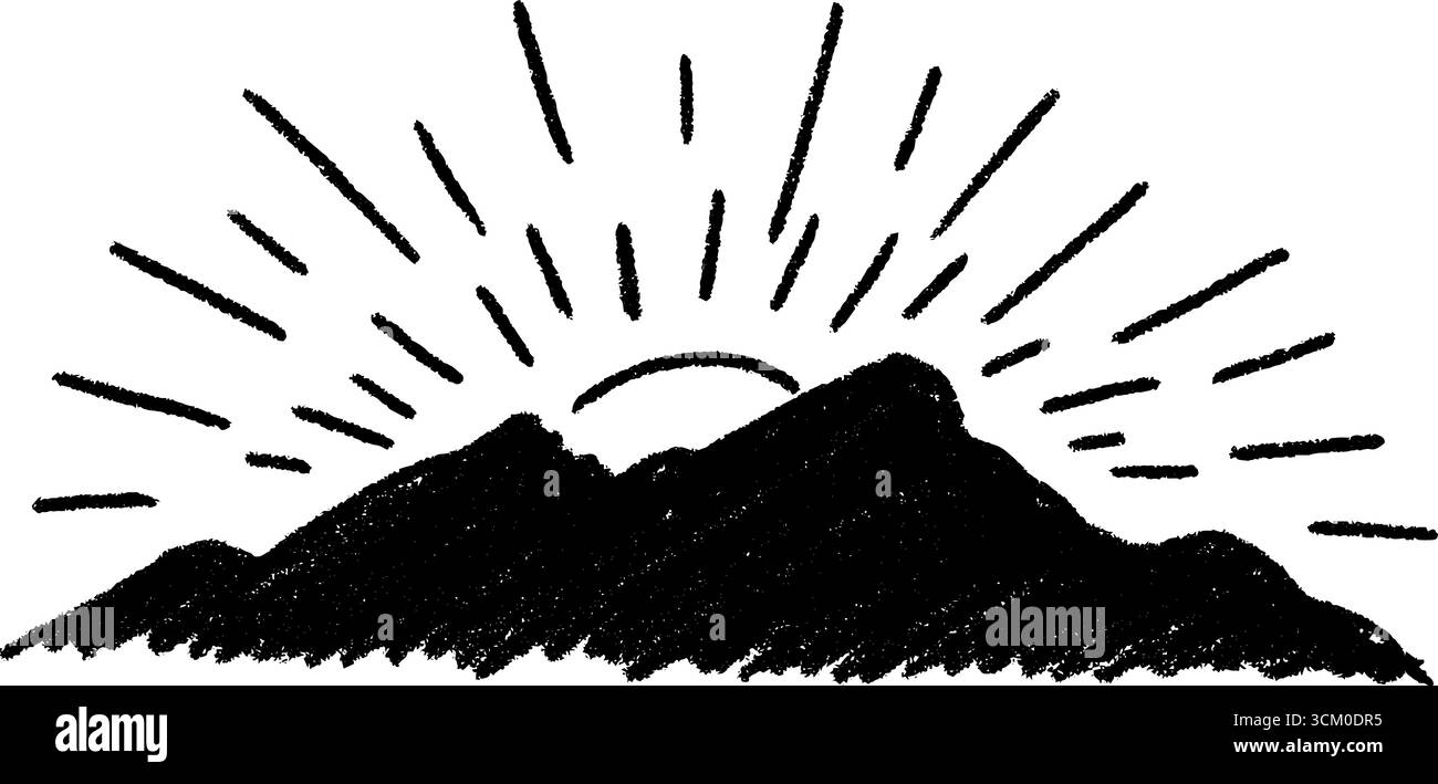 I raggi del sole disegnati a mano e la scena montana per il design e la decorazione. Illustrazione Vettoriale