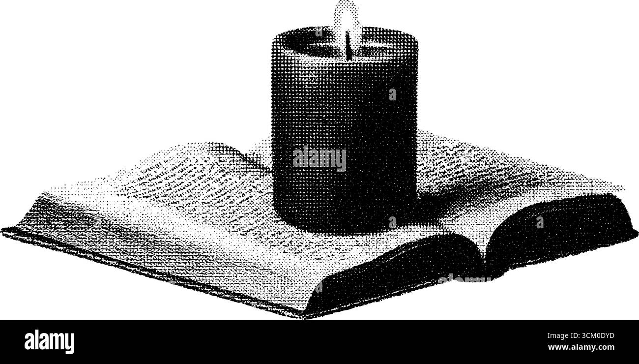 Candela sanguinante gotica su un libro vintage con design a mezzitoni per l'arte grunge collage. Illustrazione Vettoriale