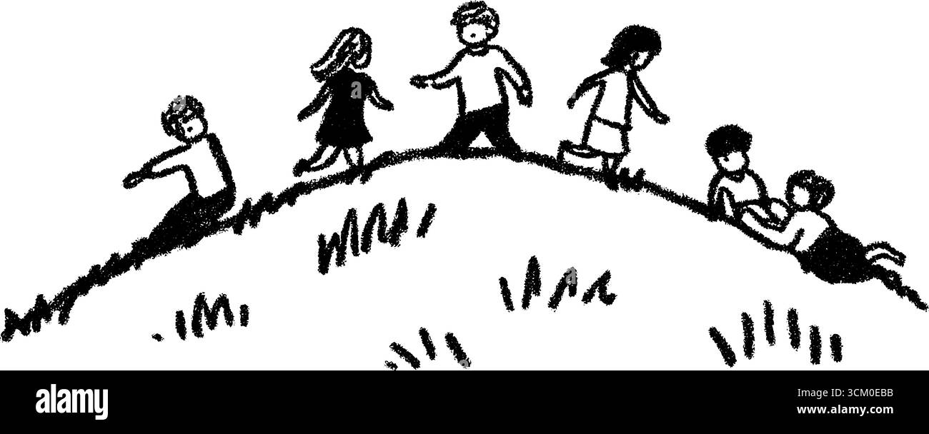 Bambini che giocano su una collina erbosa nel parco per un design divertente. Illustrazione Vettoriale
