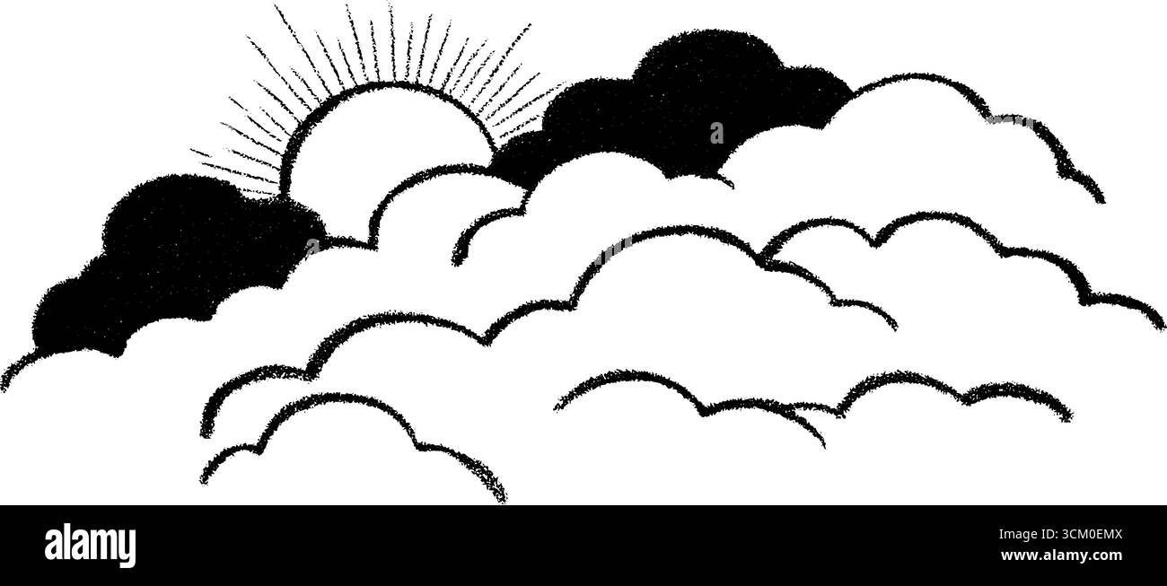 Struttura a nuvole delicata con il sole che sbuca - disegno disegnato a mano. Illustrazione Vettoriale