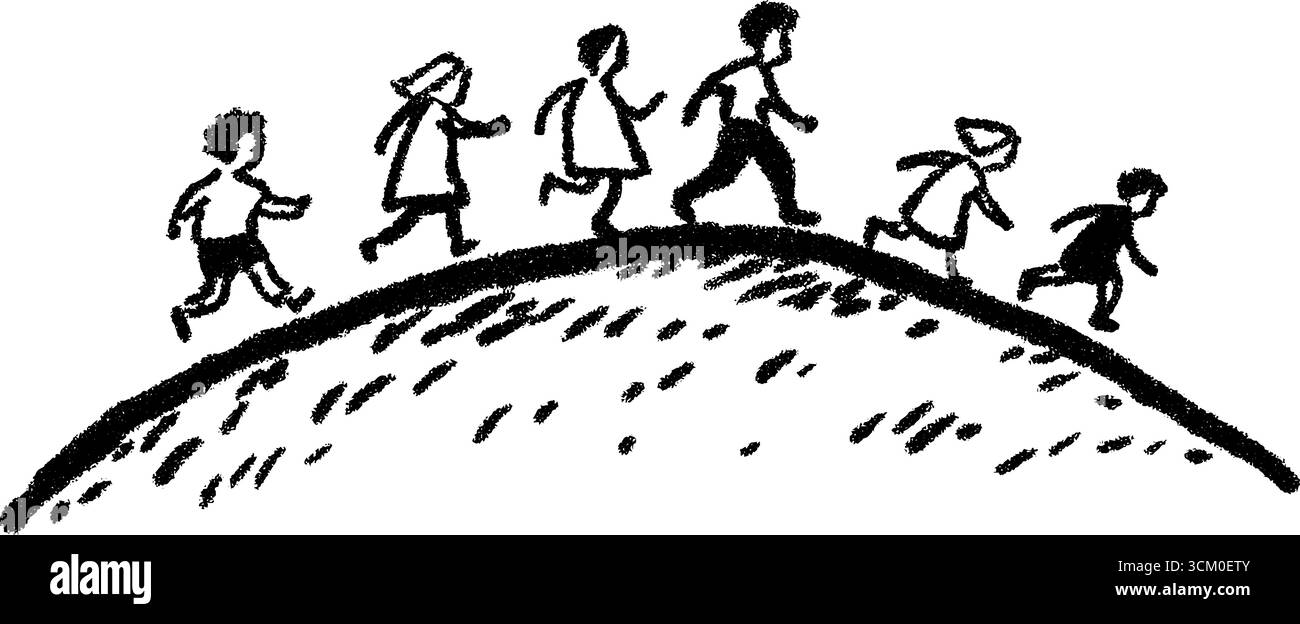 Bambini che giocano sulla collina del parco erboso - concetto di schizzo gioioso per un design giocoso. Illustrazione Vettoriale