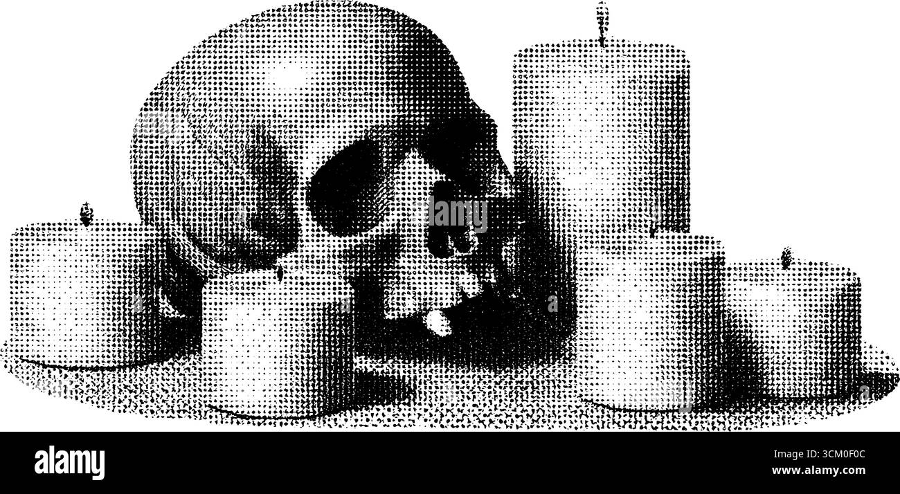 Altare di candela gotico con teschio in stile vintage a mezzitoni per motivi decorativi scuri. Illustrazione Vettoriale