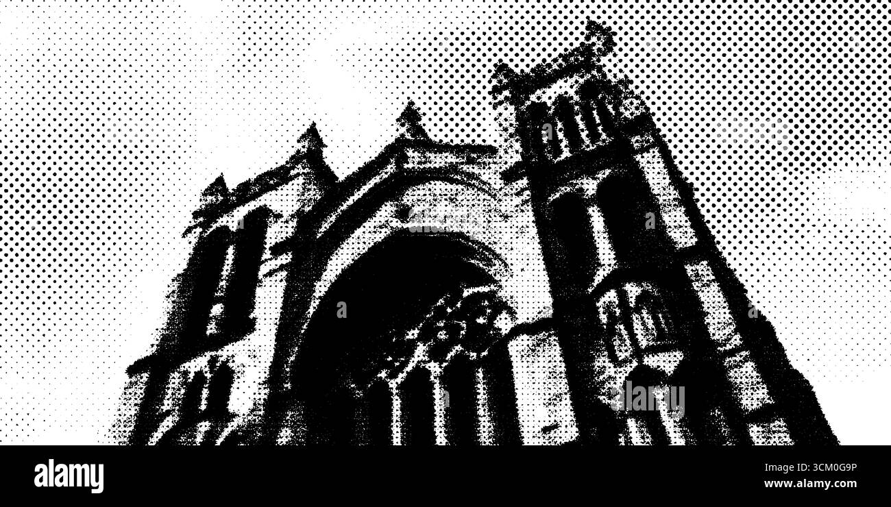 Facciata gotica della cattedrale in stile collage vintage a mezzitoni. Illustrazione Vettoriale