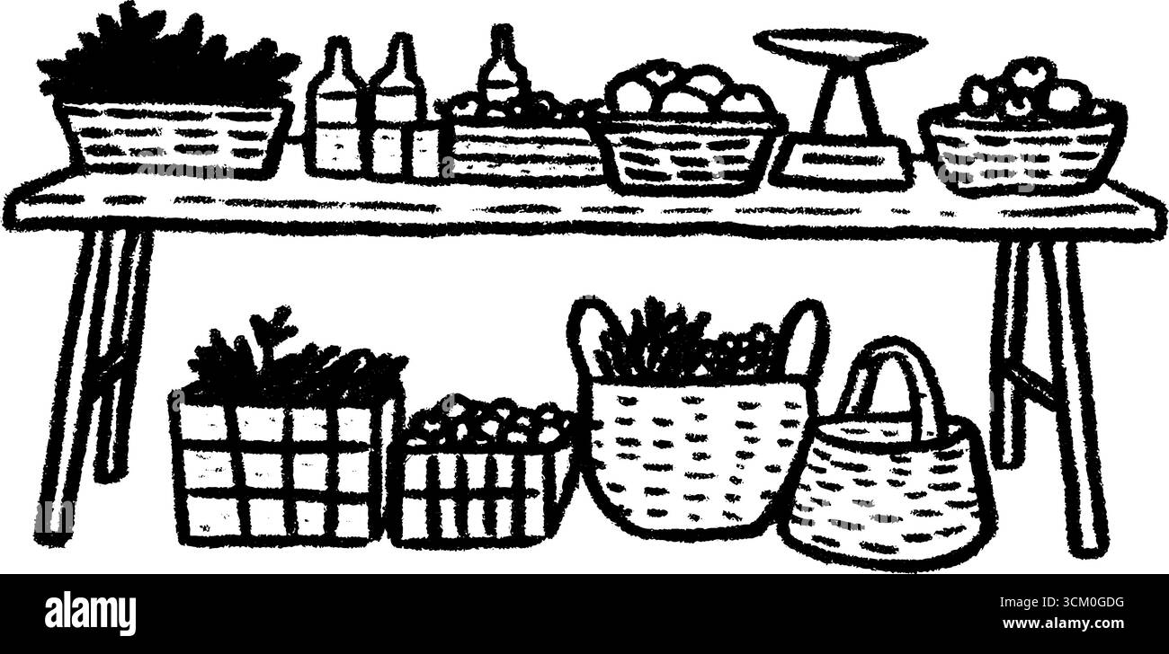 Schizzo disegnato a mano del tavolo della stalla del mercato con casse per il design rustico. Illustrazione Vettoriale