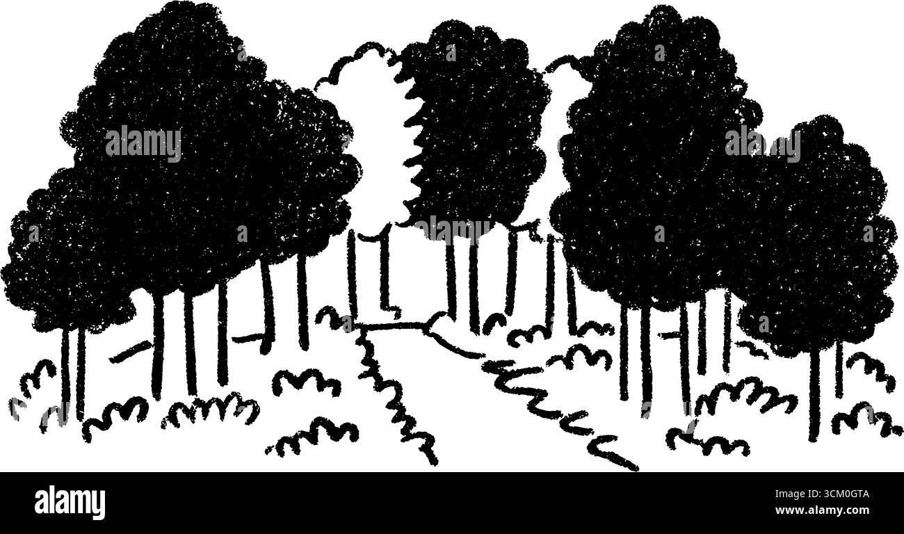 Schizzo di uno stretto sentiero boschivo con foglie cadute in bianco e nero. Illustrazione Vettoriale