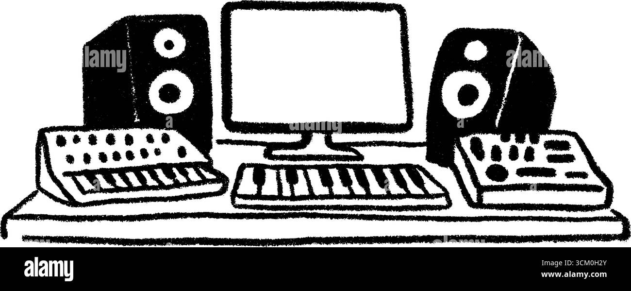 Configurazione di Music Producer con tastiera e monitor in stile sketch per un design creativo. Illustrazione Vettoriale