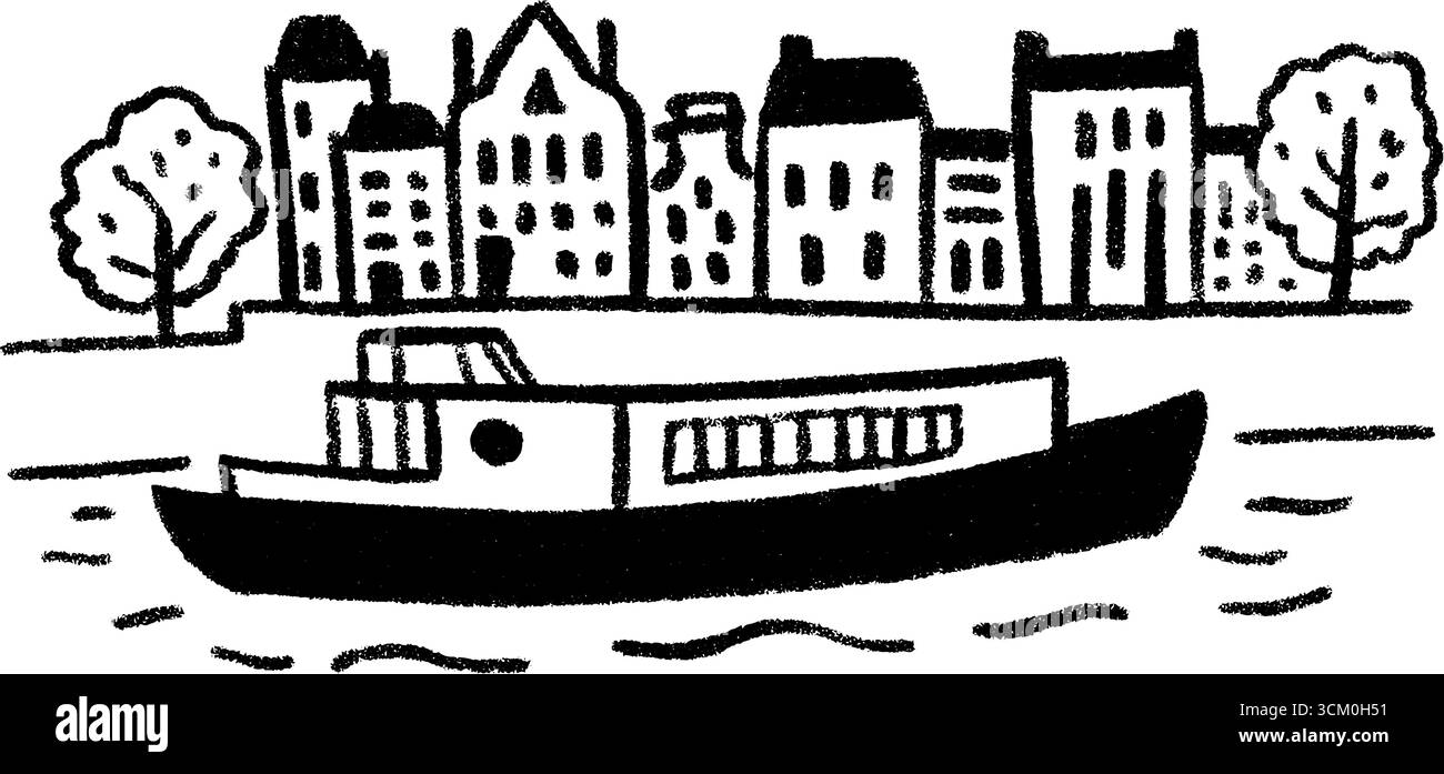 Schizzo disegnato a mano di una nave da carico su un canale tranquillo con sfondo urbano. Illustrazione Vettoriale