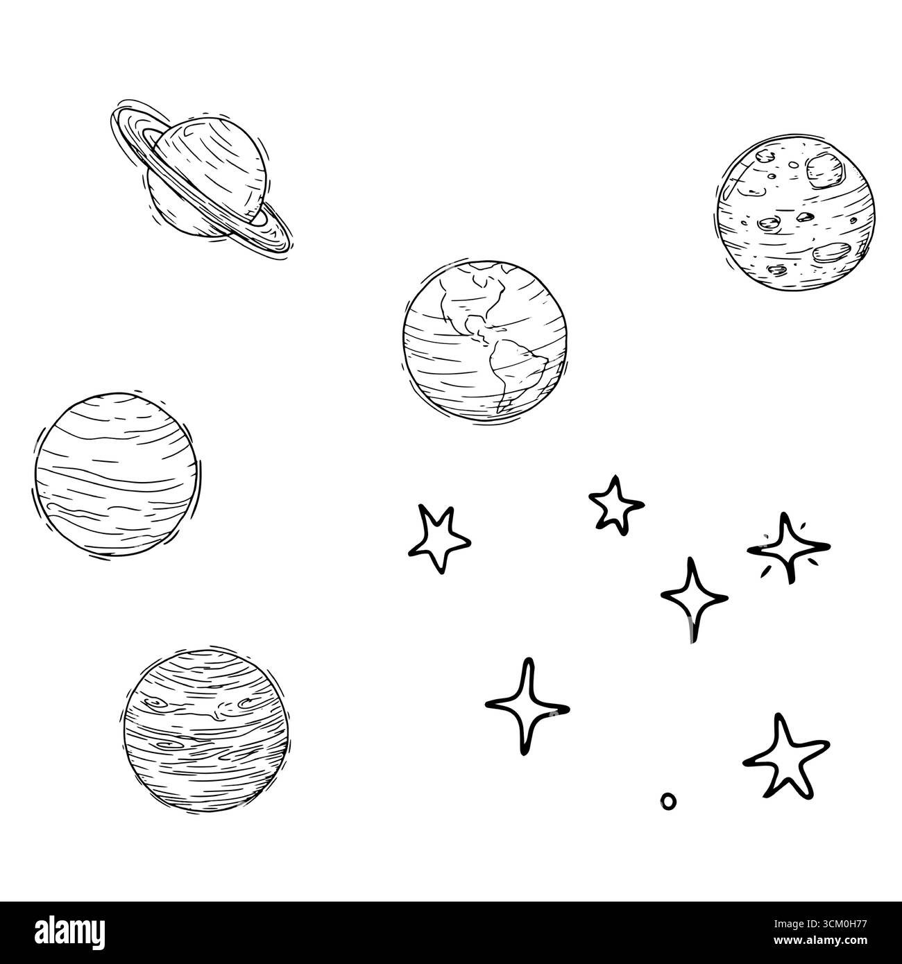 Pianeti e stelle, scenografia, inchiostro bianco e nero. Illustrazione vettoriale. Lo spazio, un disegno semplice, è isolato su uno sfondo bianco. Per postcar Illustrazione Vettoriale