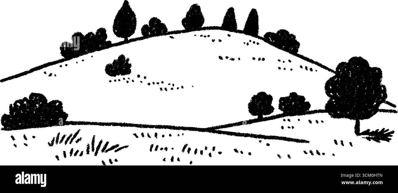 Tranquillo scenario collinare con schizzi di alberi sparpagliati per progetti di design. Illustrazione Vettoriale