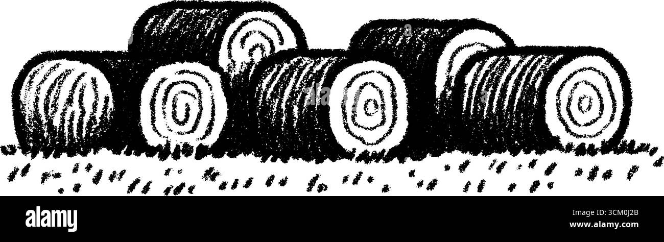 Schizzo pastorale di balle di fieno su campi raccolti per un arredamento rustico. Illustrazione Vettoriale