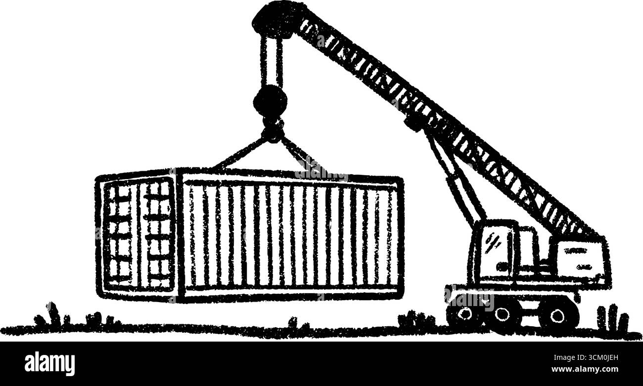 Contenitore di spedizione sollevato da una gru: Movimentazione di carichi industriali. Illustrazione Vettoriale
