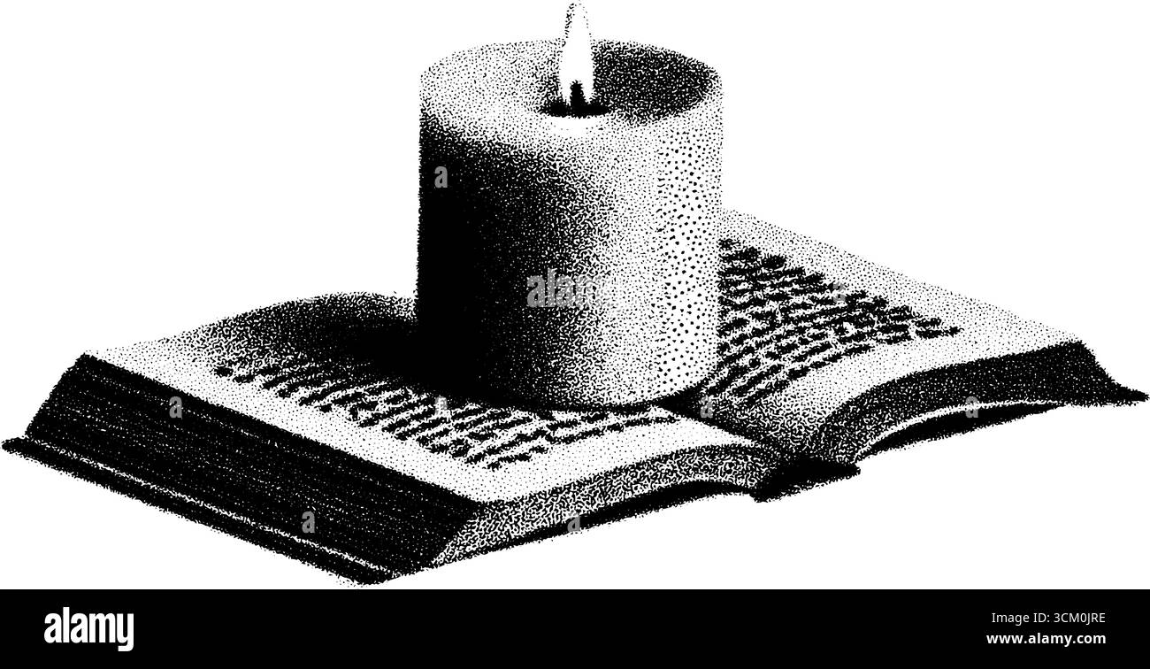 Candela gotica su open book vintage con texture a mezzitoni e concetto di cera sanguinante. Illustrazione Vettoriale