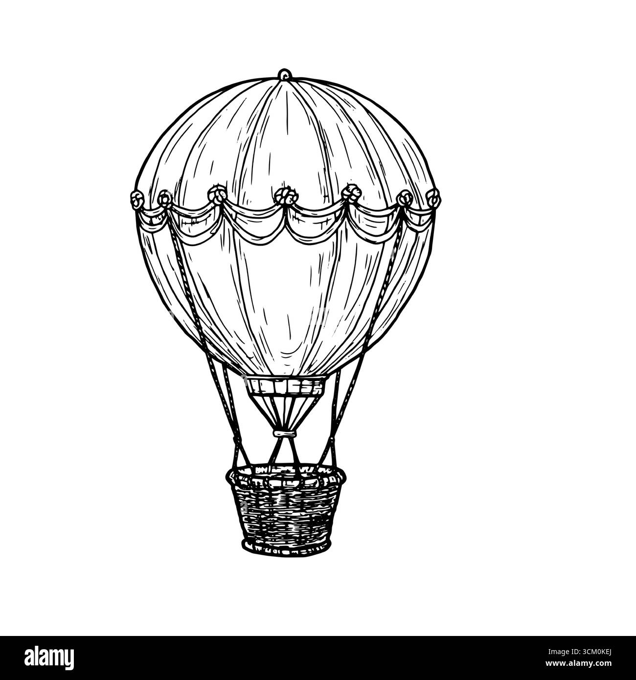 Palloncino con cestello in vimini, schizzo in inchiostro bianco e nero. Illustrazione vettoriale. Giocattolo volante per bambini, isolato su sfondo bianco. Per le cartoline, c Illustrazione Vettoriale