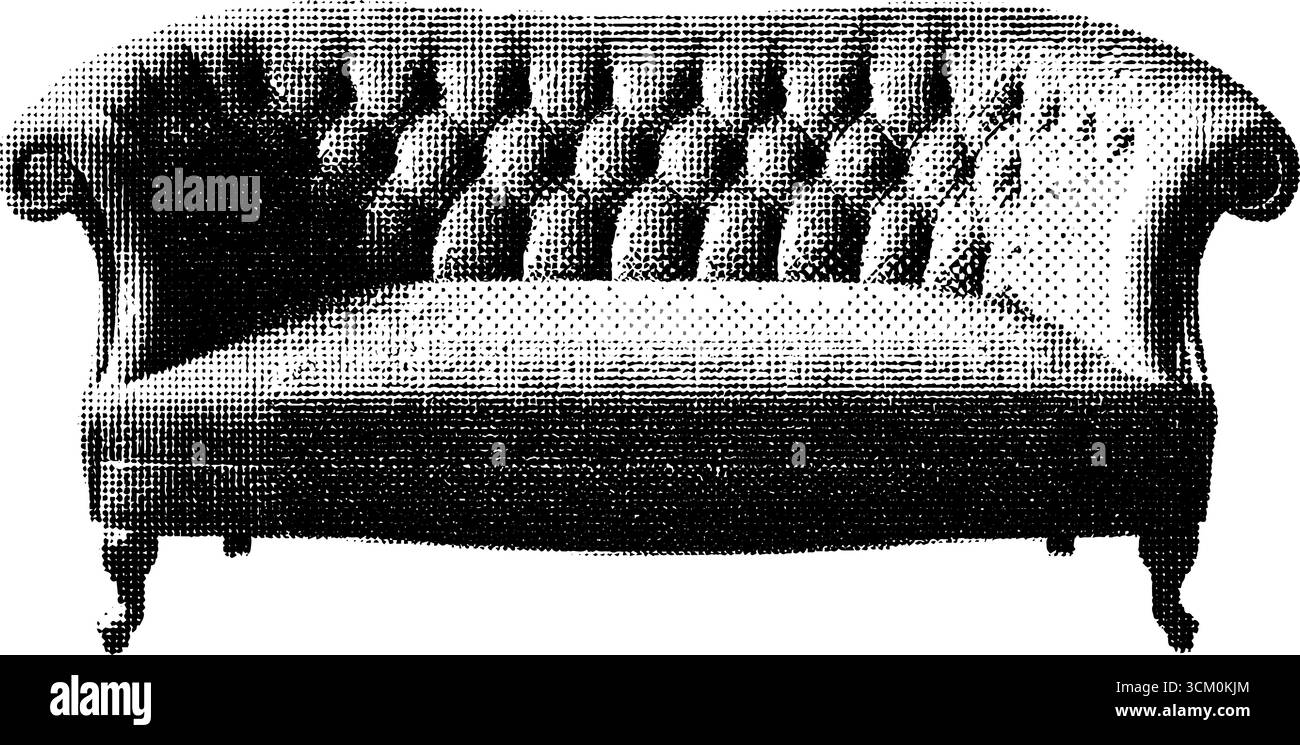 Divano in stile vintage a forma di camicia in stile a puntini mezzitoni per interni di ispirazione retrò. Illustrazione Vettoriale