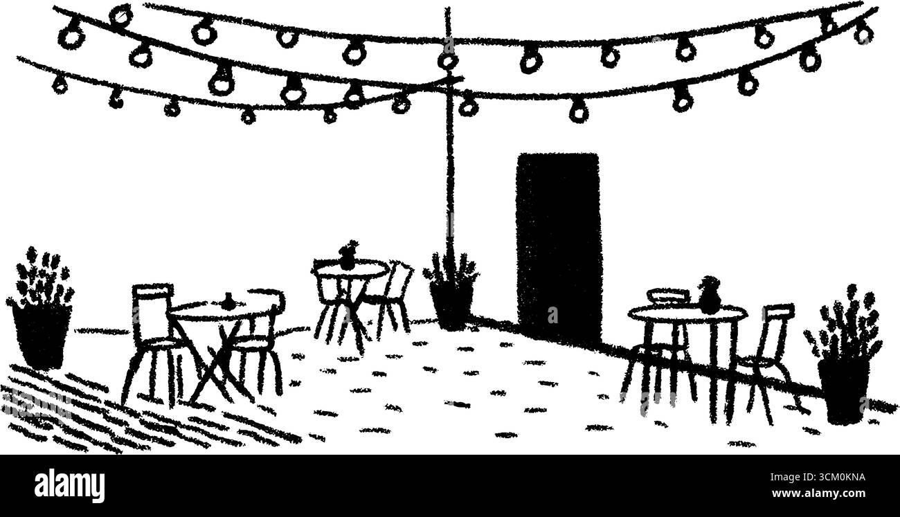Accogliente caffetteria con terrazza e luci a corda per il design. Illustrazione Vettoriale