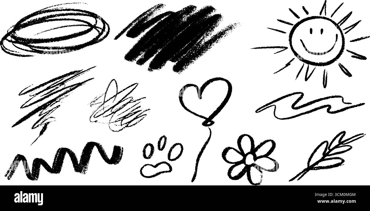 Caos creativo: Scarabocchi disegnati a mano con sole, cuore e scarabocchi astratti. Illustrazione Vettoriale