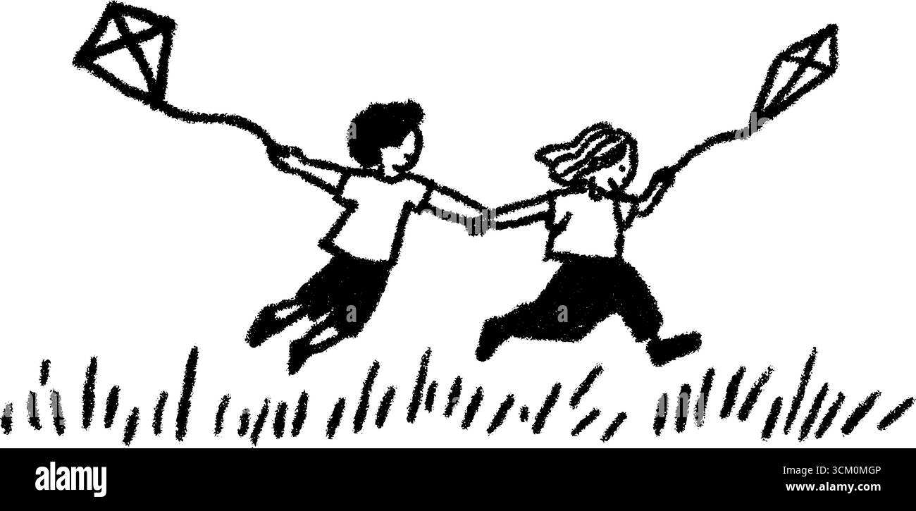 Bambini allegri che volano aquiloni in uno schizzo di campo all'aperto. Illustrazione Vettoriale