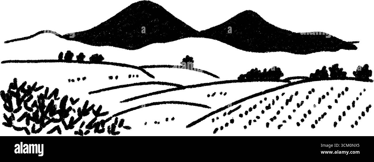 Tranquillo terreno agricolo con colline lontane disegnato per un design rustico. Illustrazione Vettoriale