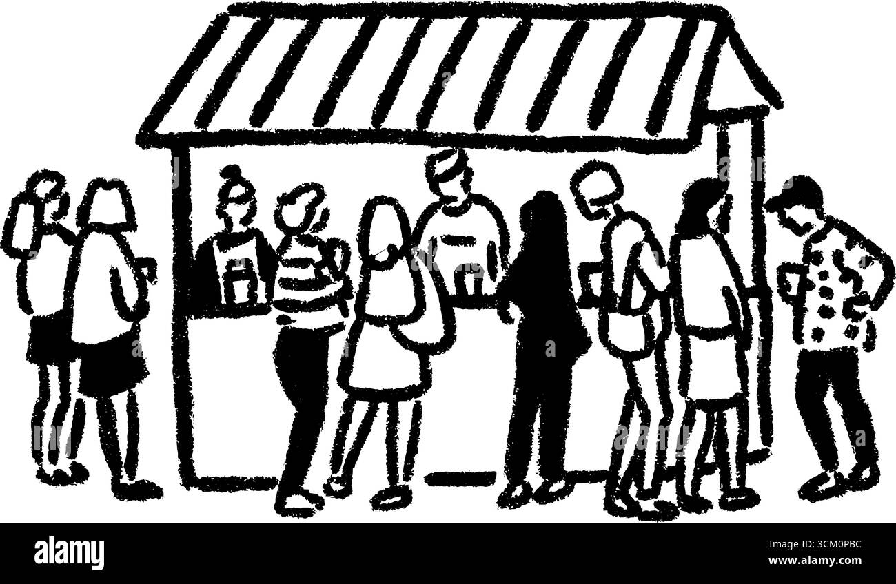 Vivace scena di strada con una bancarella di cibo con gente che si riunisce. Illustrazione Vettoriale