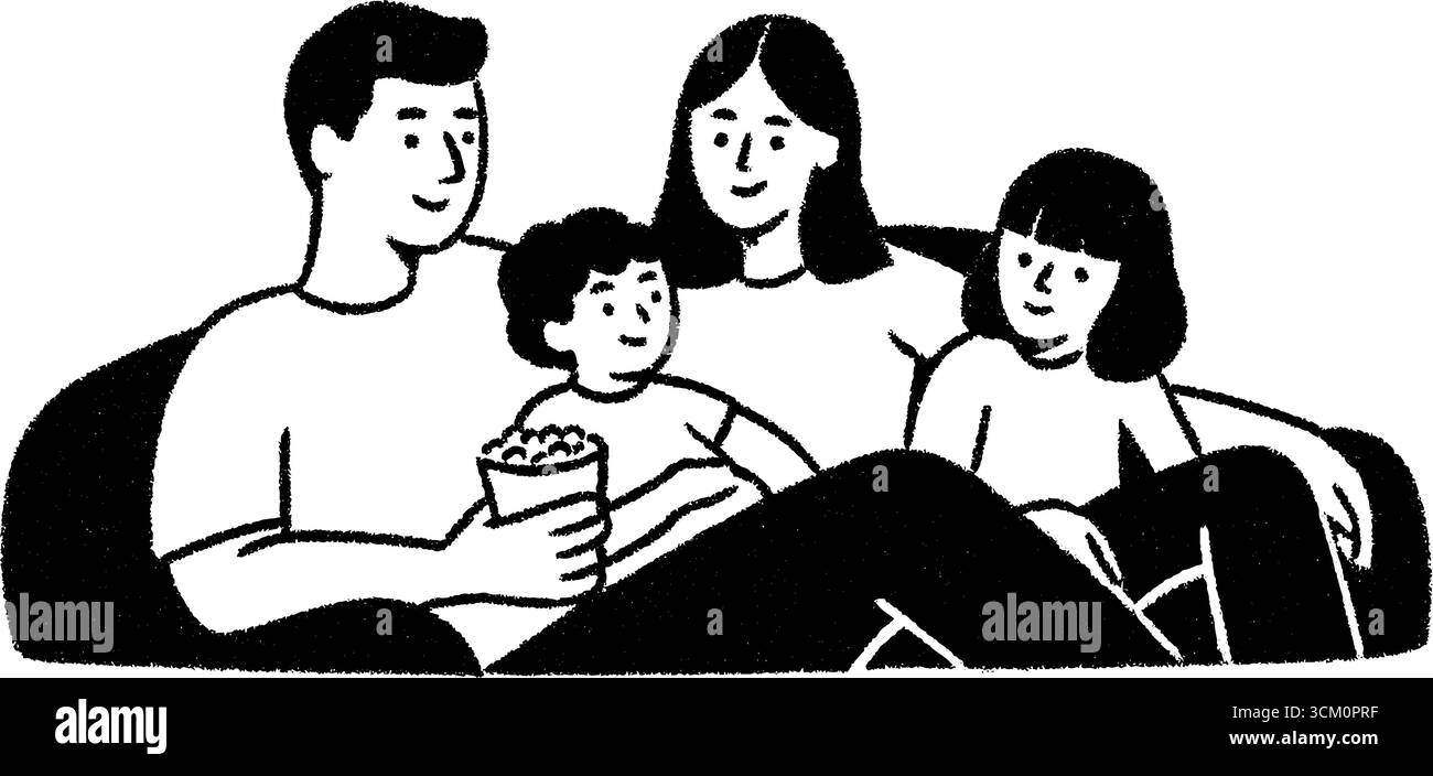 Spettacolo serale con popcorn per tutta la famiglia: Serata accogliente insieme. Illustrazione Vettoriale