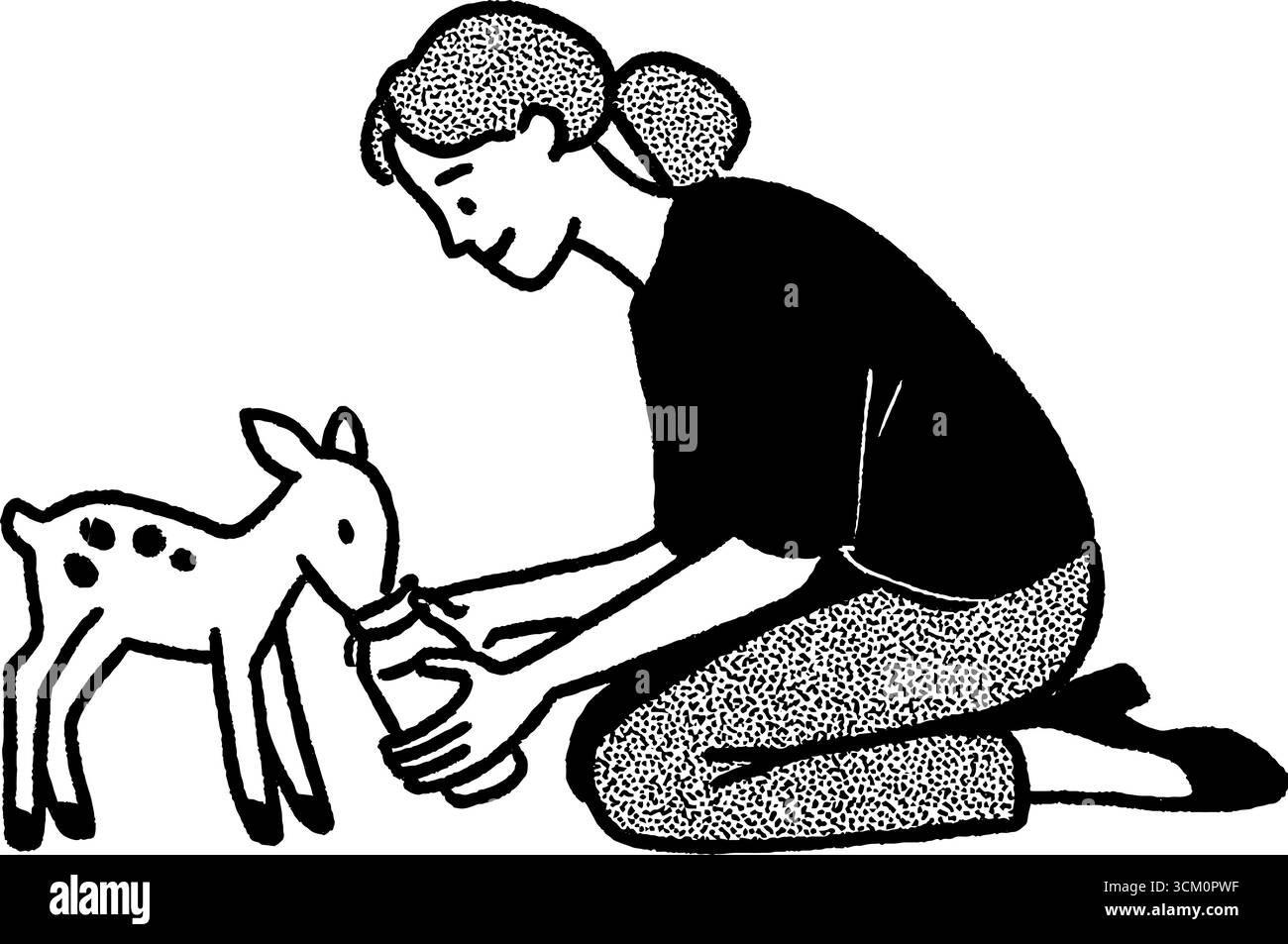 Momento tenero: Persona che allatta un piccolo animale da fattoria con il biberon. Illustrazione Vettoriale