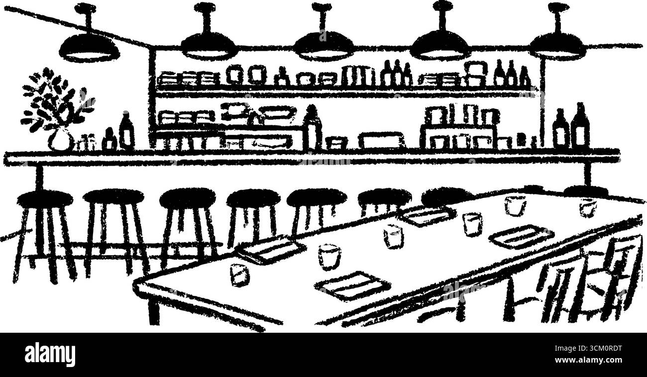 Ristorante moderno e veloce, informale, con posti a sedere aperti per il design degli interni. Illustrazione Vettoriale