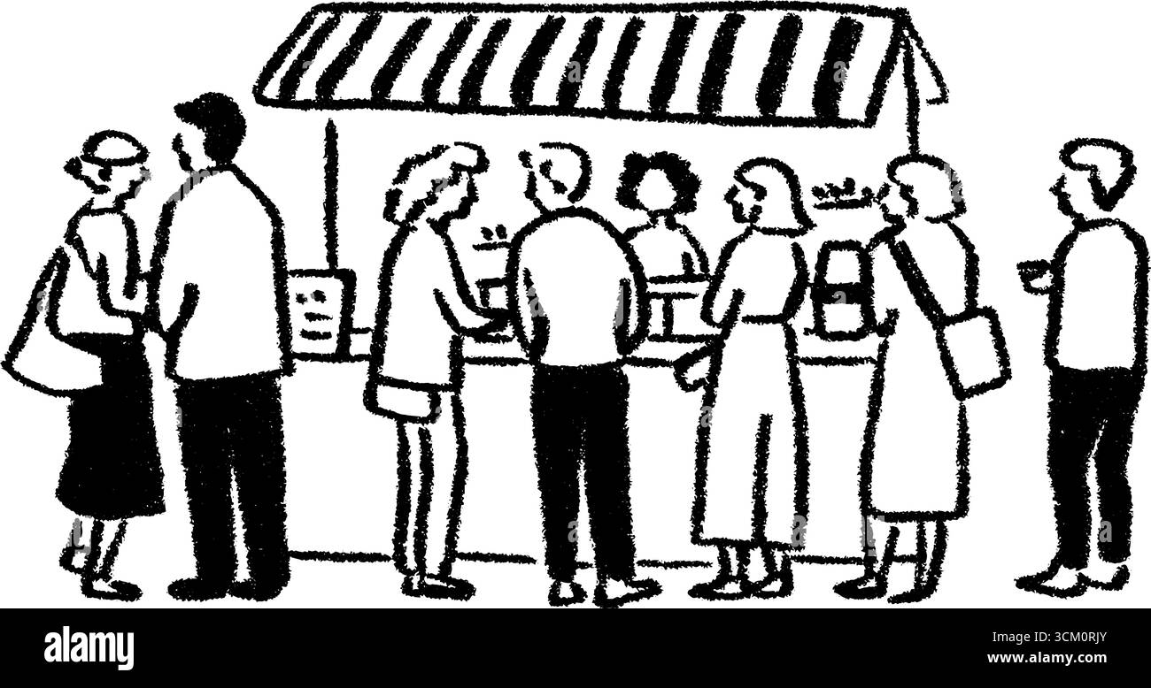 Vivace scena di Street food con persone in stile sketch per un design urbano. Illustrazione Vettoriale