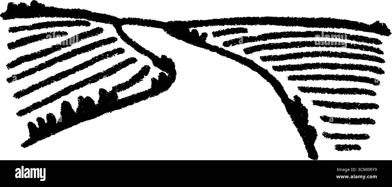 Paesaggio rurale di stradine sterrate strette tra campi arati. Illustrazione Vettoriale