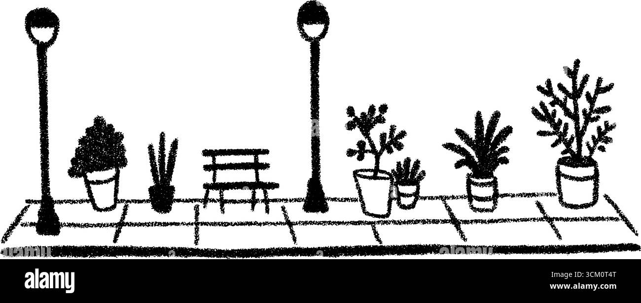 Affascinante schizzo di strada pedonale con lampade e piante in vaso per un arredo urbano. Illustrazione Vettoriale